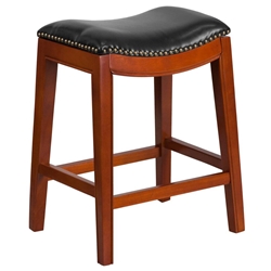 26 High Backless Cappuccino Wood Counter Height Stool with Black LeatherSoft Saddle Seat 
