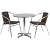 27.5 Round Aluminum Indoor-Outdoor Table Set with 2 Beige Rattan Chairs 