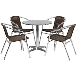 27.5 Round Aluminum Indoor-Outdoor Table Set with 4 Beige Rattan Chairs 