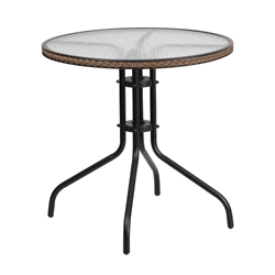 28 Round Tempered Glass Metal Table with Black Rattan Edging 