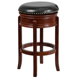 29 High Backless Cappuccino Wood Barstool with Carved Apron and Black LeatherSoft Swivel Seat 