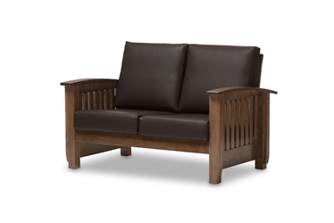 Charlotte Modern Classic Mission Style Walnut Brown Wood and Dark Brown Faux Leather 2-Seater Loveseat 