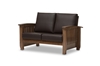 Charlotte Modern Classic Mission Style Walnut Brown Wood and Dark Brown Faux Leather 2-Seater Loveseat 