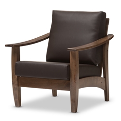 Pierce Mid-Century Modern Walnut Brown Wood and Dark Brown Faux Leather 1-Seater Lounge Chair 