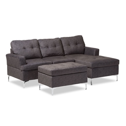 Riley Modern and Contemporary Grey Fabric Upholstered 3-Piece Sectional Sofa with Ottoman Set 