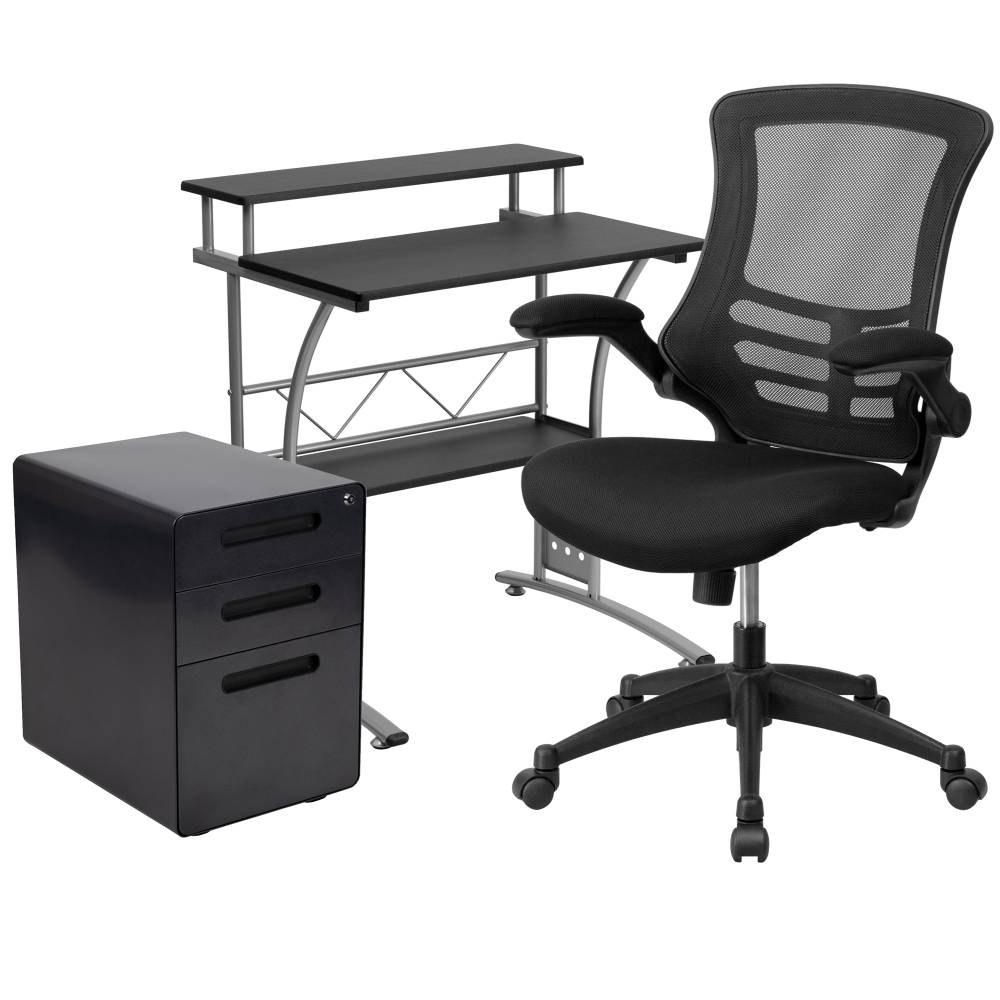 Black Desk, Chair, Cabinet Set