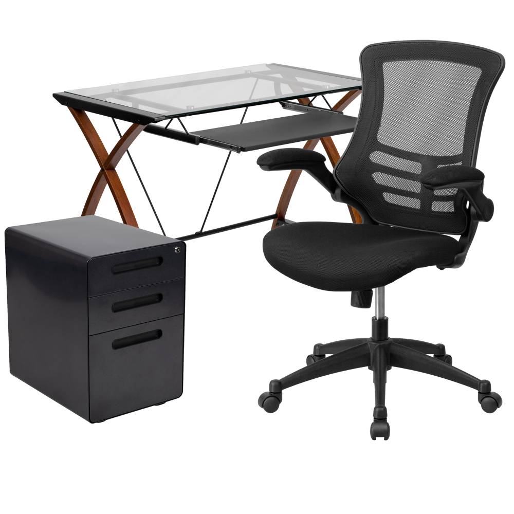 Glass Desk, Chair, Cabinet Set