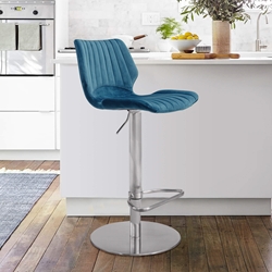 Oneida Adjustable Blue Velvet and Brushed Stainless Steel Bar and Counter Stool
