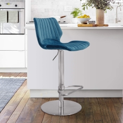 Oneida Adjustable Blue Velvet and Brushed Stainless Steel Bar and Counter Stool
