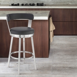 Kobe 26" Counter Height Swivel Bar Stool in Brushed Stainless Steel Finish and Black Faux Leather