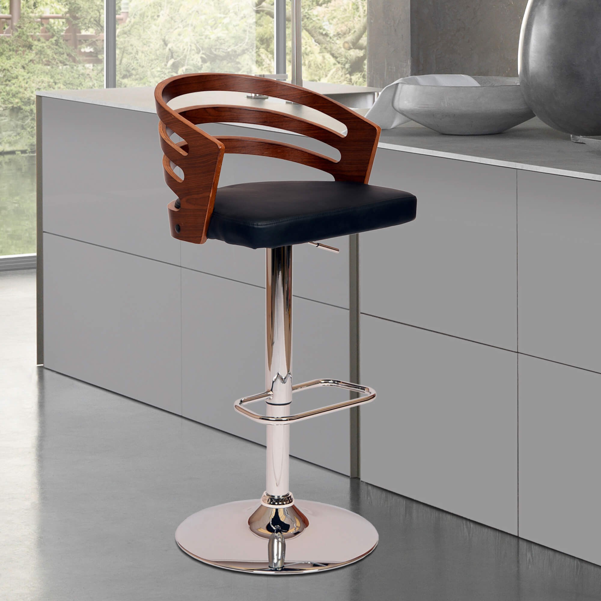 Adele Swivel Barstool In Cream PU/ Walnut Veneer and Chrome Base