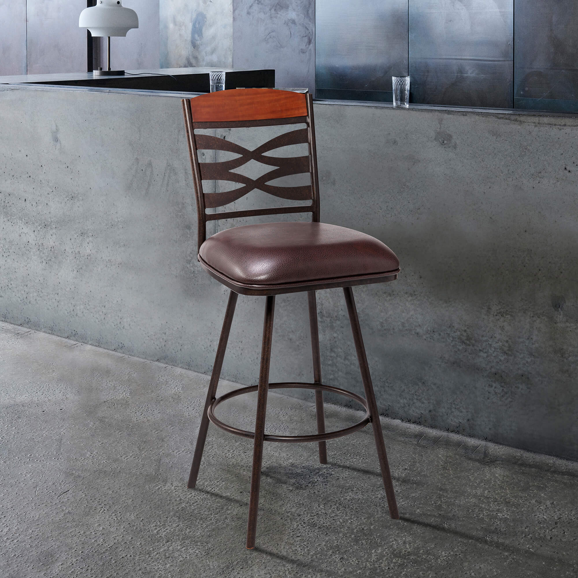 Arden Contemporary 30" Bar Height Barstool in Auburn Bay Finish with Brown Faux Leather and Sedona Wood Finish Back