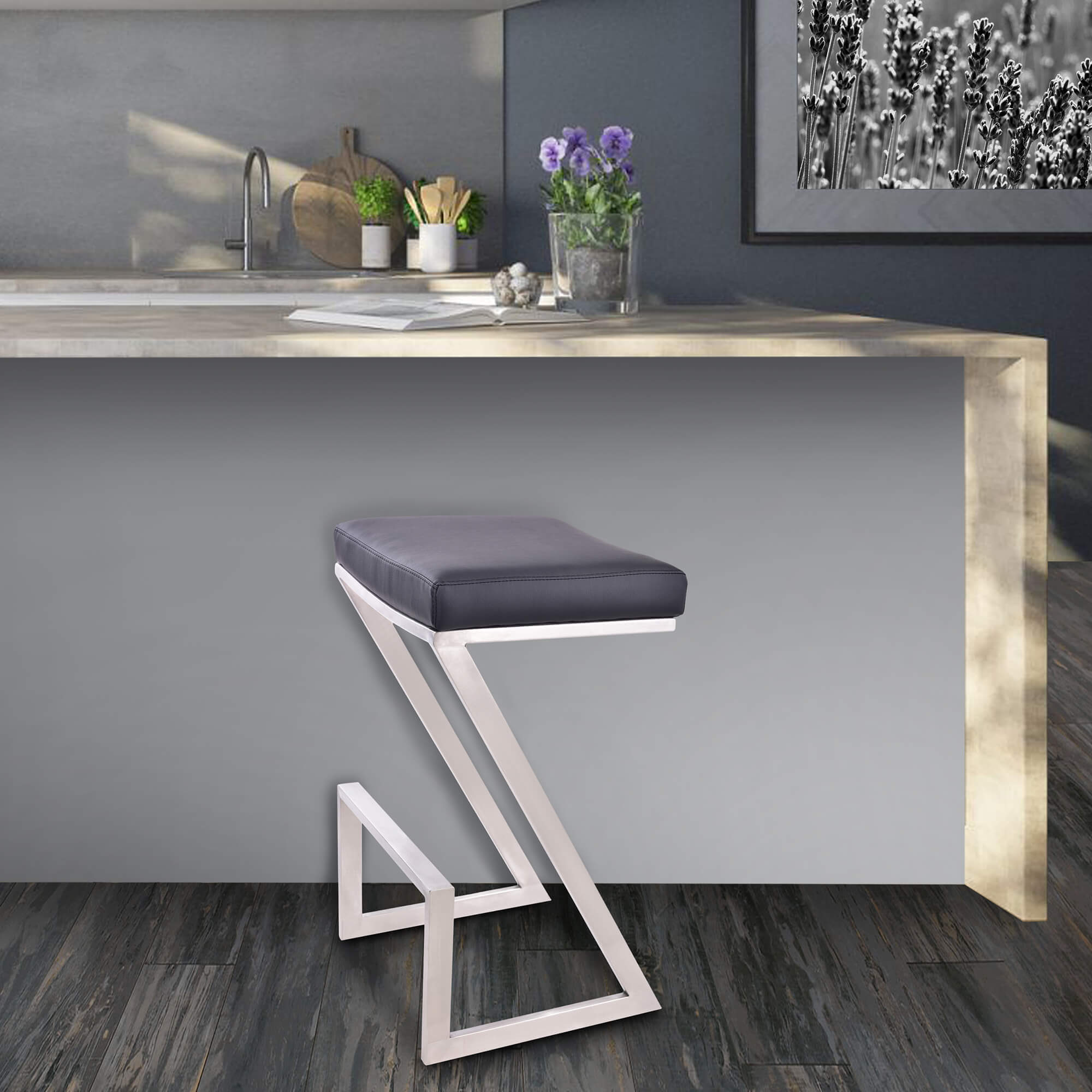 Atlantis 26" Counter Height Backless Barstool in Brushed Stainless Steel finish with Gray Faux Leather