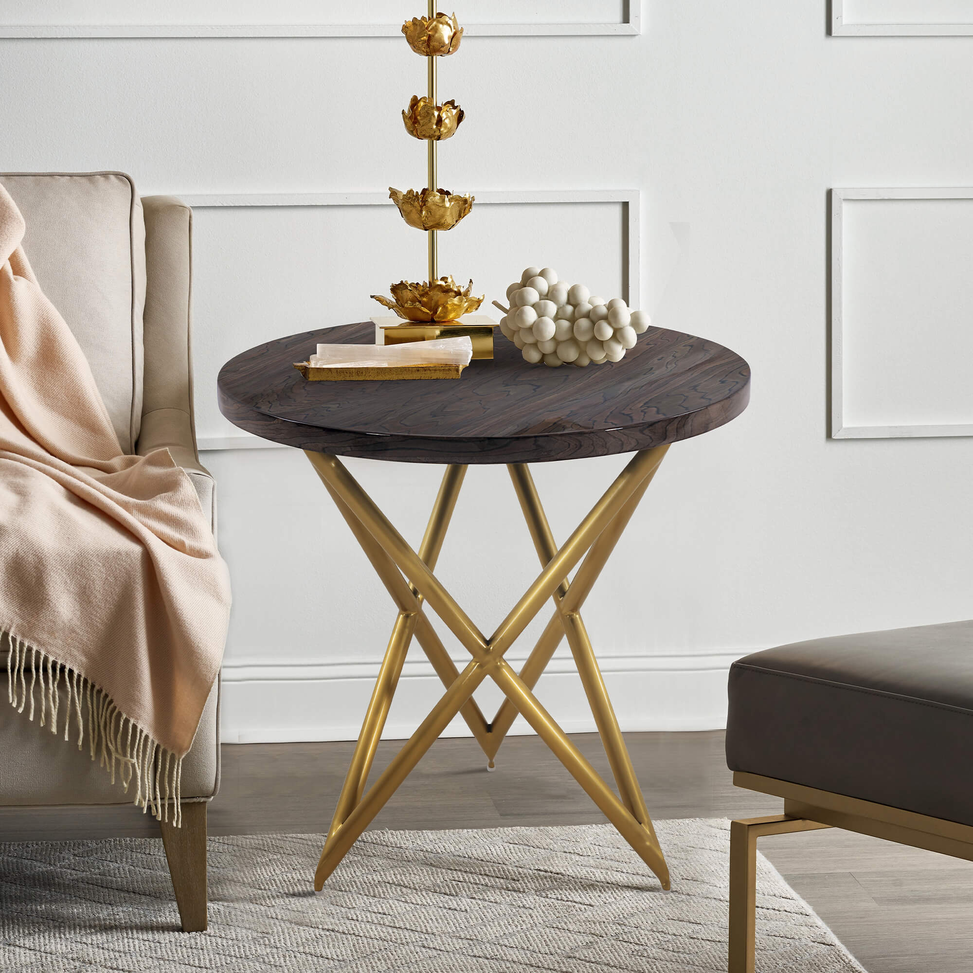 Atala Brown Veneer End Table with Brushed Gold Legs