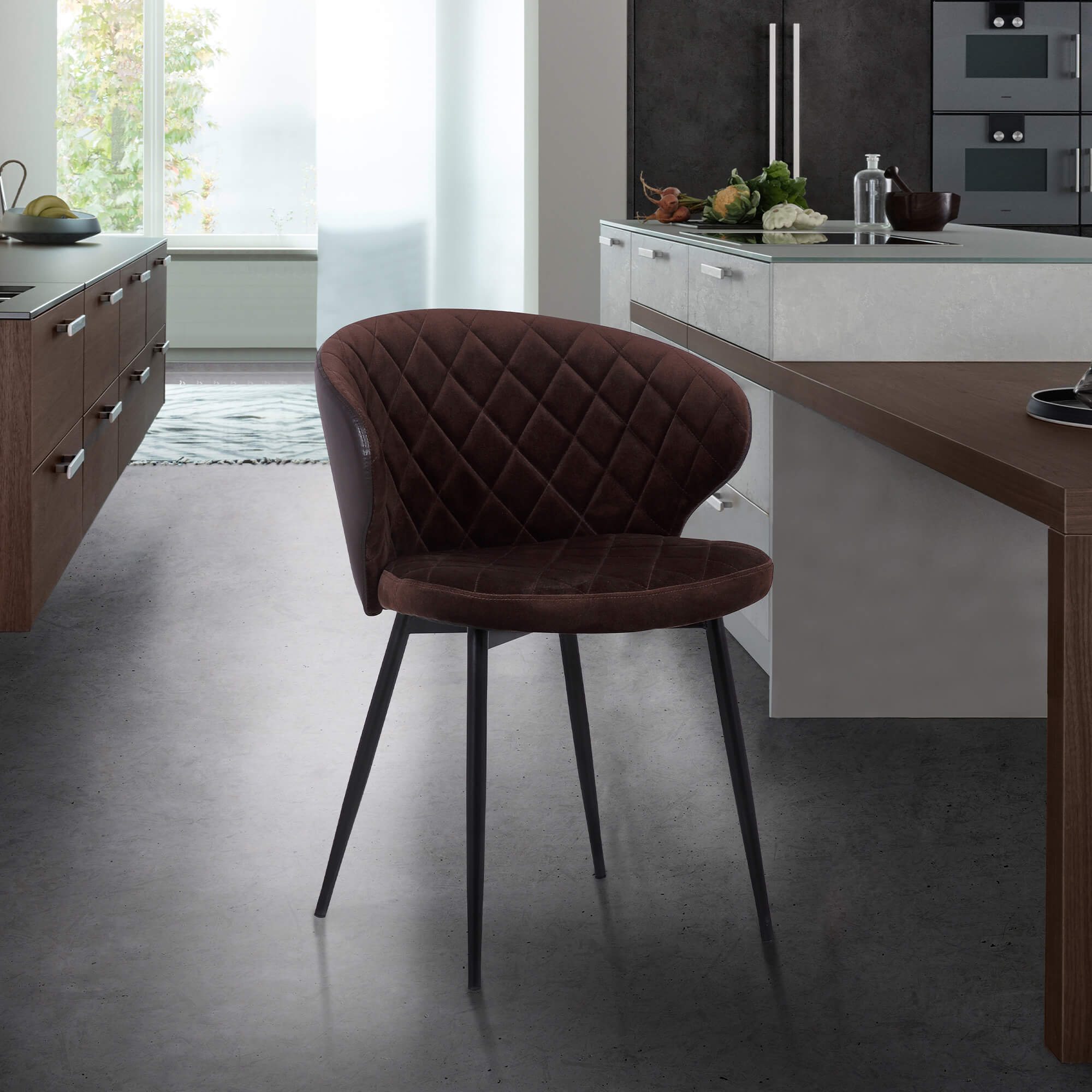 Ava Contemporary Dining Chair in Black Powder Coated Finish with Brown Velvet and Brown Faux Leather Back
