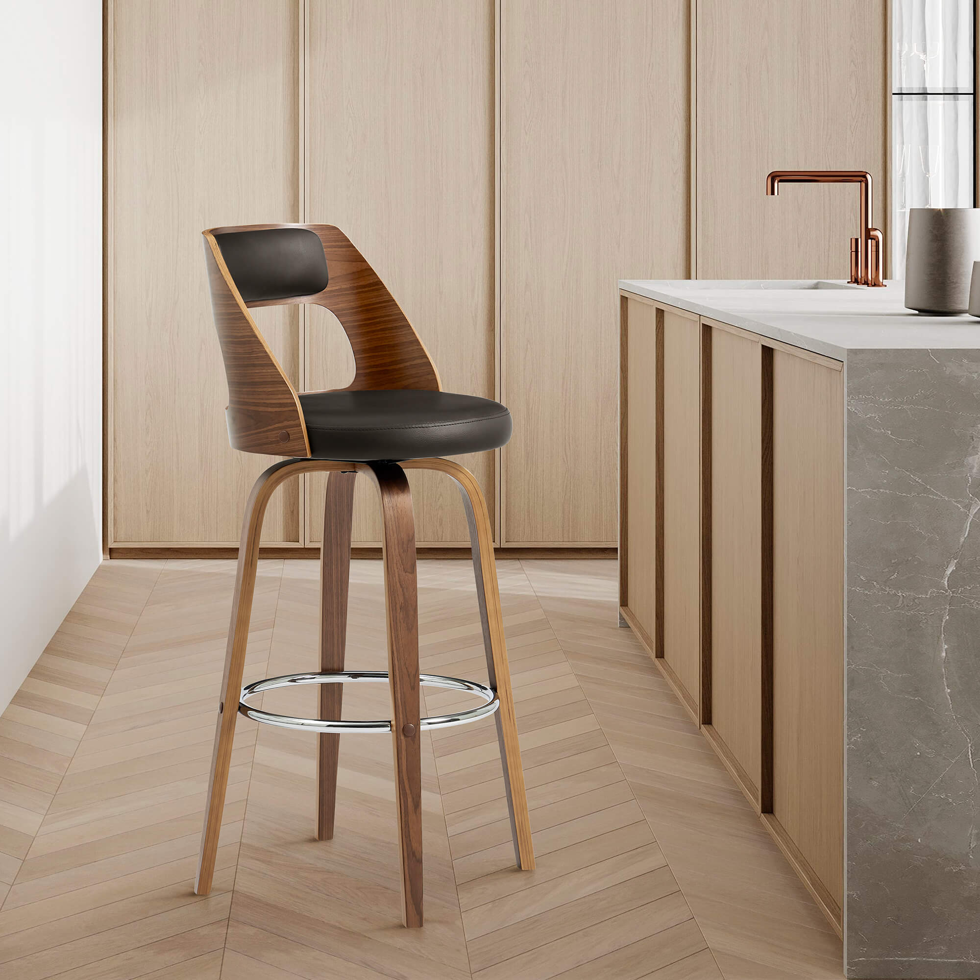 Axel 30" Swivel Bar Stool in Gray Faux Leather and Walnut Wood