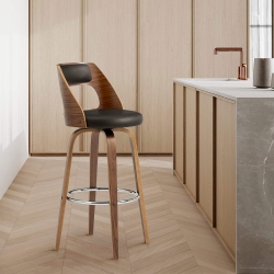 Axel 30" Swivel Bar Stool in Gray Faux Leather and Walnut Wood