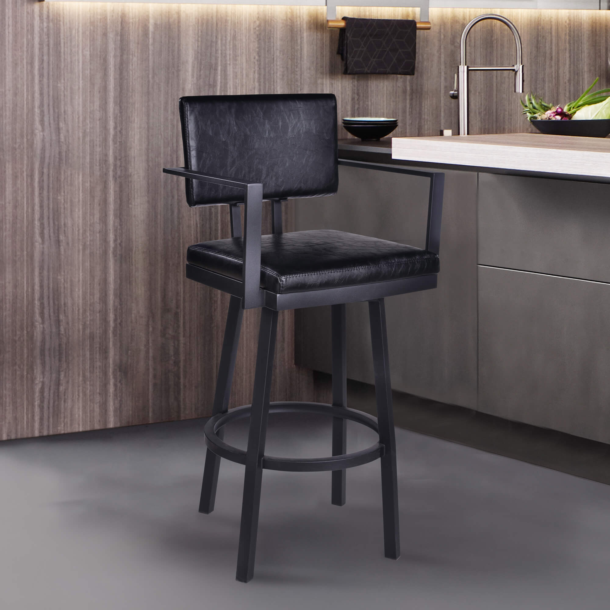 Balboa 30” Bar Height Barstool with Arms in Black Powder Coated Finish and Vintage Black Faux Leather