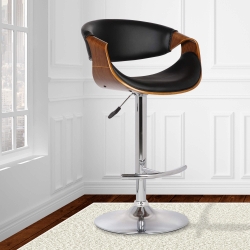 Butterfly Adjustable Swivel Barstool in Black Faux Leather with Chrome Finish and Walnut Wood