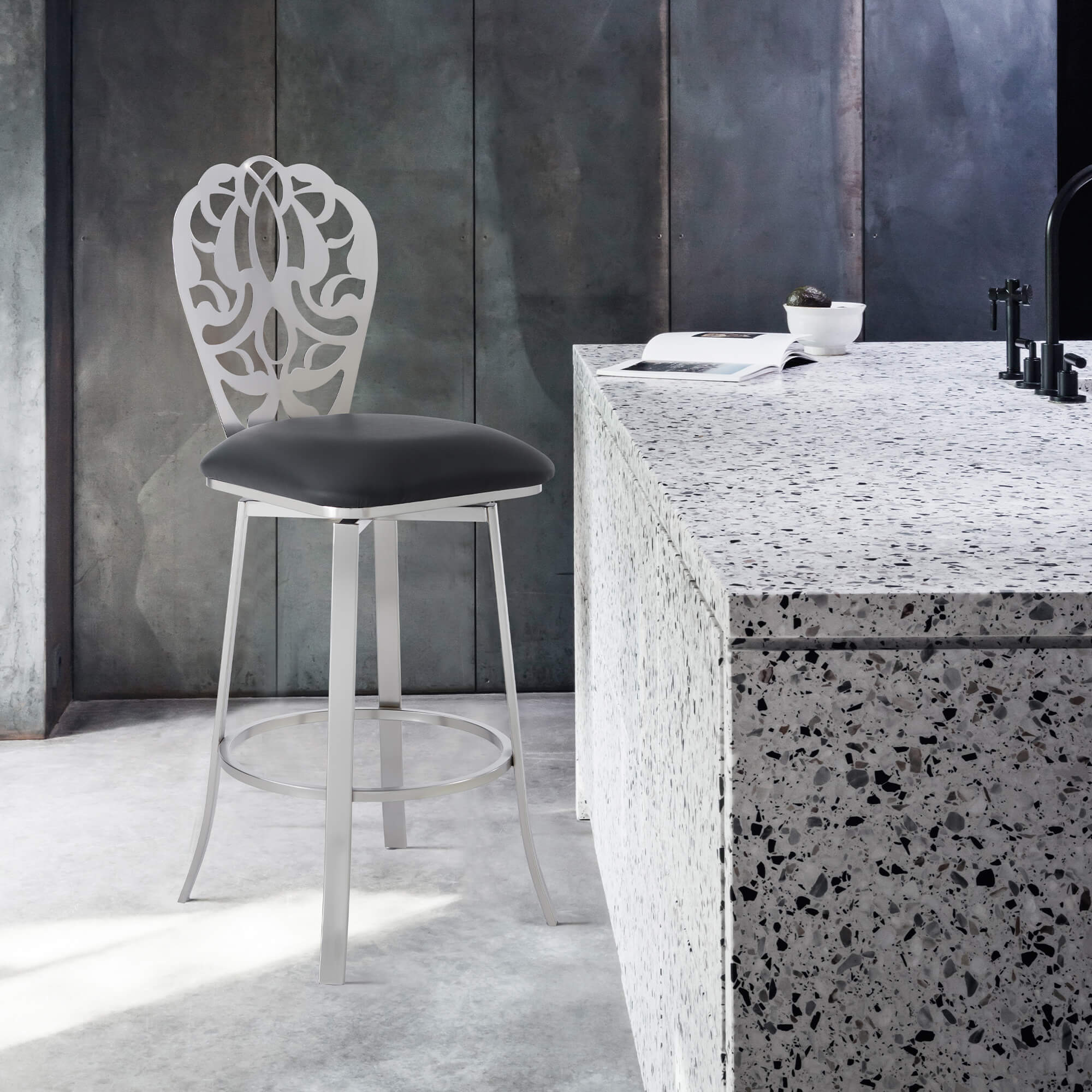 Cherie Contemporary 26" Counter Height Barstool in Brushed Stainless Steel Finish and Gray Faux Leather