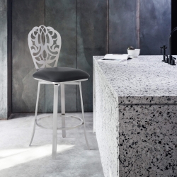 Cherie Contemporary 30" Bar Height Barstool in Brushed Stainless Steel Finish and Gray Faux Leather