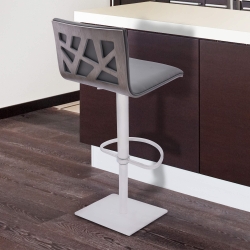 Crystal Adjustable Swivel Barstool in Gray Faux Leather with Brushed Stainless Steel Finish and Gray Walnut Veneer Back