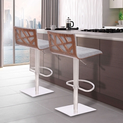 Crystal Barstool in Brushed Stainless Steel finish with Gray Fabric and Walnut Back