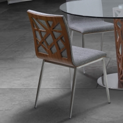 Crystal Dining Chair in Gray Faux Leather with Brushed Stainless Steel Finish and Gray Walnut Veneer Back - Set of 2
