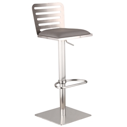 Delmar Adjustable Brushed Stainless Steel Barstool in Gray Faux Leather