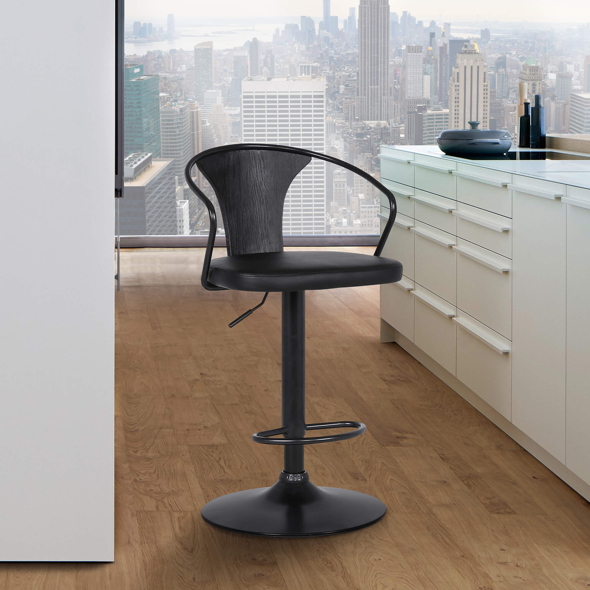 Eagle Contemporary Adjustable Barstool in Black Powder Coated Finish with Black Faux Leather and Black Brushed Wood Finish Back