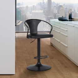 Eagle Contemporary Adjustable Barstool in Black Powder Coated Finish with Black Faux Leather and Black Brushed Wood Finish Back
