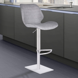 Falcon Adjustable Swivel Barstool in Brushed Stainless Steel with Light Vintage Gray Faux Leather
