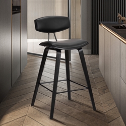 Fox 25.5" Mid-Century Counter Height Barstool in Black Faux Leather with Black Brushed Wood