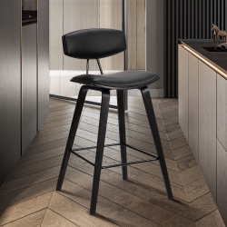 Fox 28.5" Mid-Century Bar Height Barstool in Brown Faux Leather with Walnut Wood