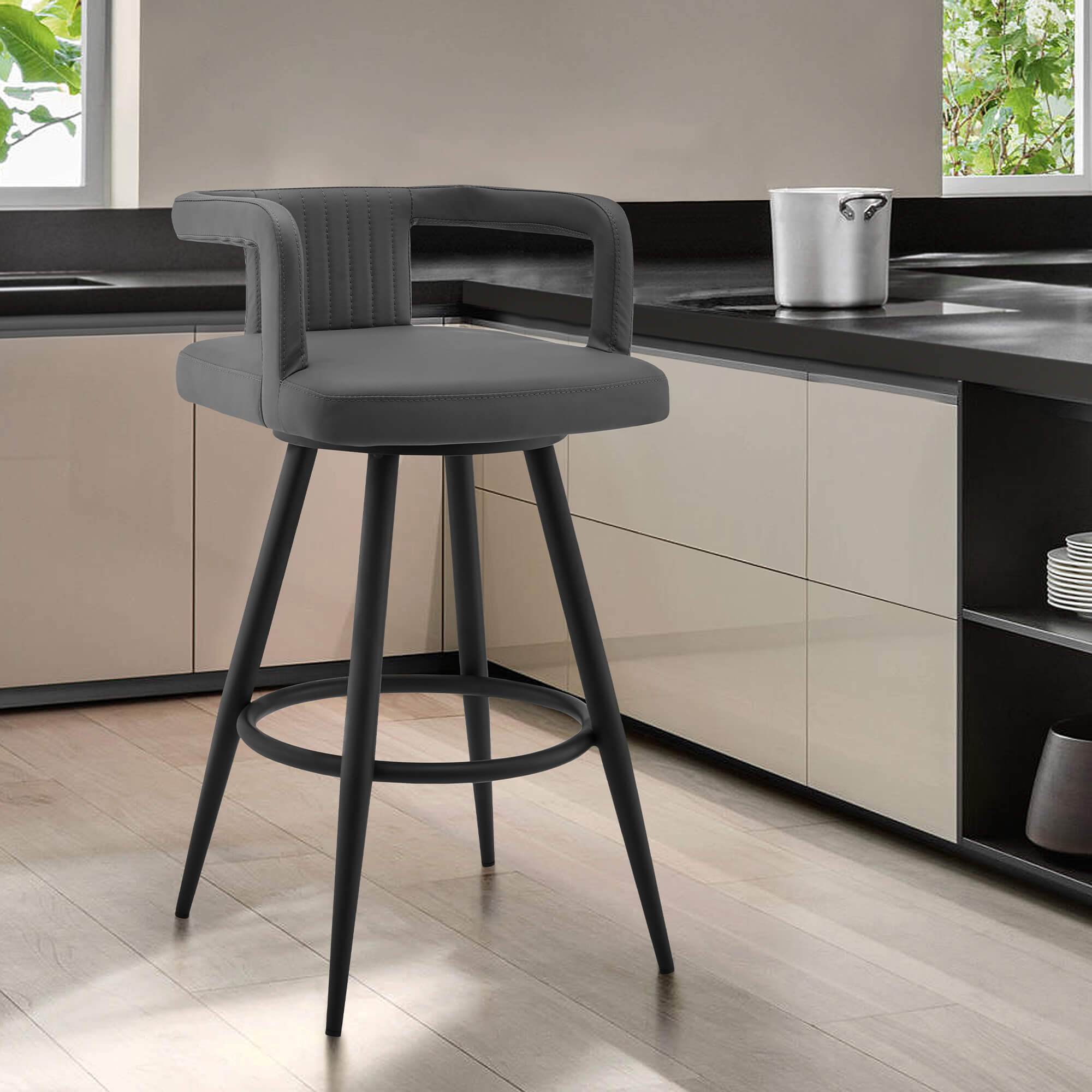 Gabriele 30" Gray Faux Leather and Brushed Stainless Steel Swivel Bar Stool