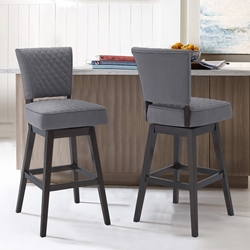 Gia 30" Bar Height Wood Swivel Tufted Barstool in Espresso Finish with Gray Fabric