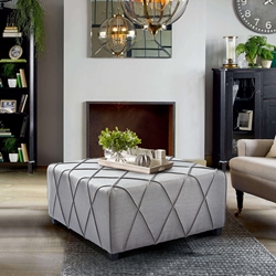 Gemini Contemporary Ottoman in Silver Linen with Piping Accents and Wood Legs