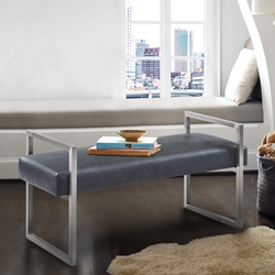 Grant Contemporary Bench in Gray Faux Leather and Brushed Stainless Steel Finish