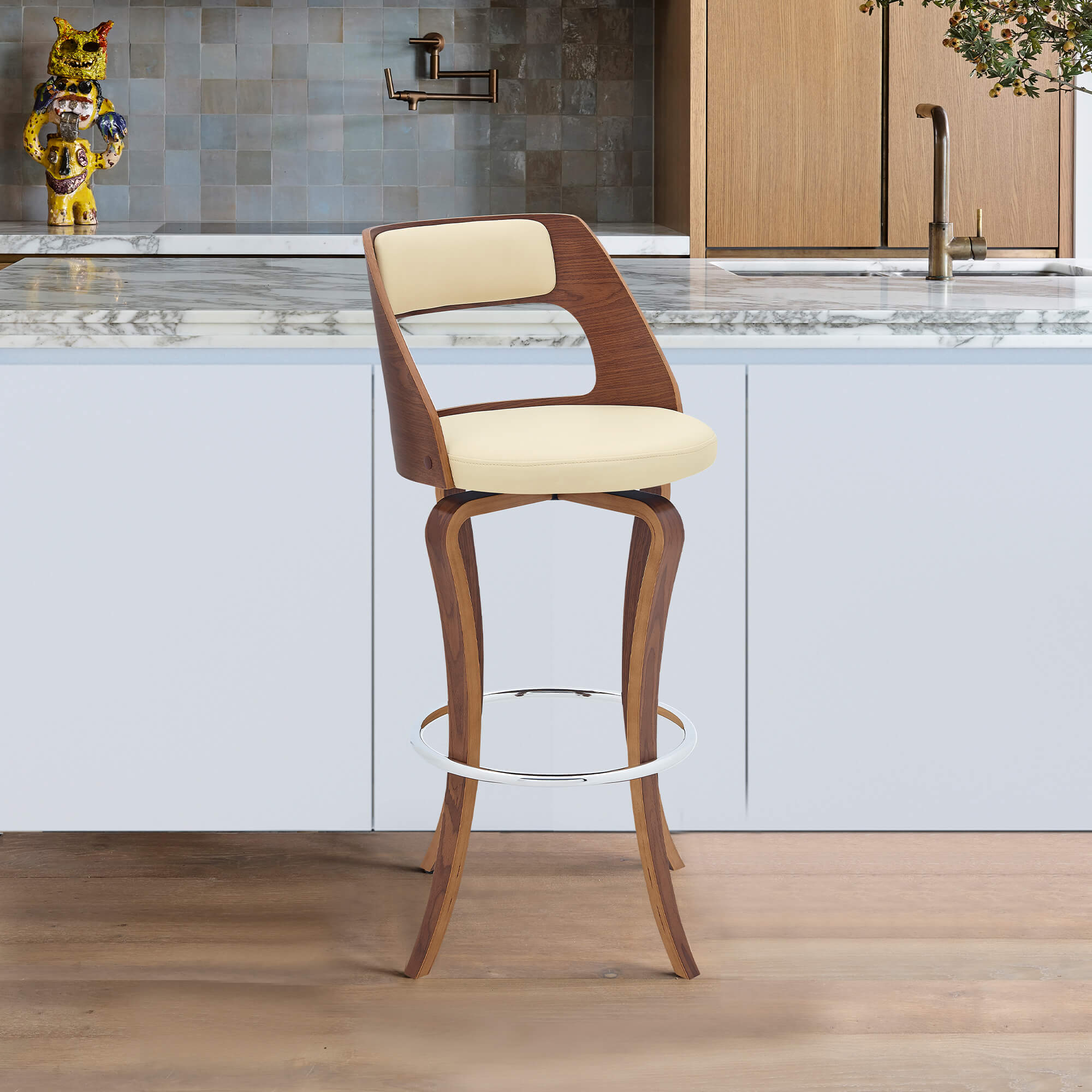 Grady 30" Swivel Cream Faux Leather and Walnut Wood Bar Stool