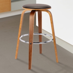 Harbor 30" Mid-Century Swivel Bar Height Backless Barstool in Brown Faux Leather with Walnut Veneer