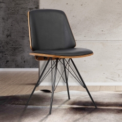 Inez Mid-Century Dining Chair in Gray Faux Leather with Black Powder Coated Metal Legs and Walnut Veneer Back