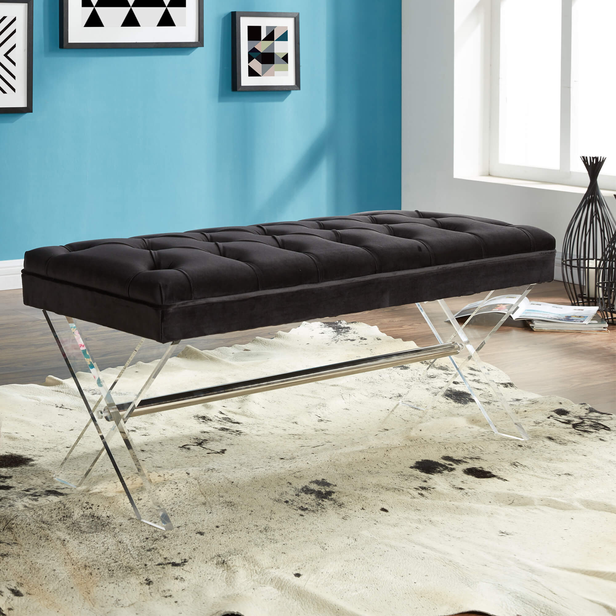 Joanna Ottoman Bench in Black Tufted Velvet with Crystal Buttons and Acrylic Legs