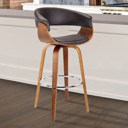 Julyssa 26" Mid-Century Swivel Counter Height Barstool in Brown Faux Leather with Walnut Wood