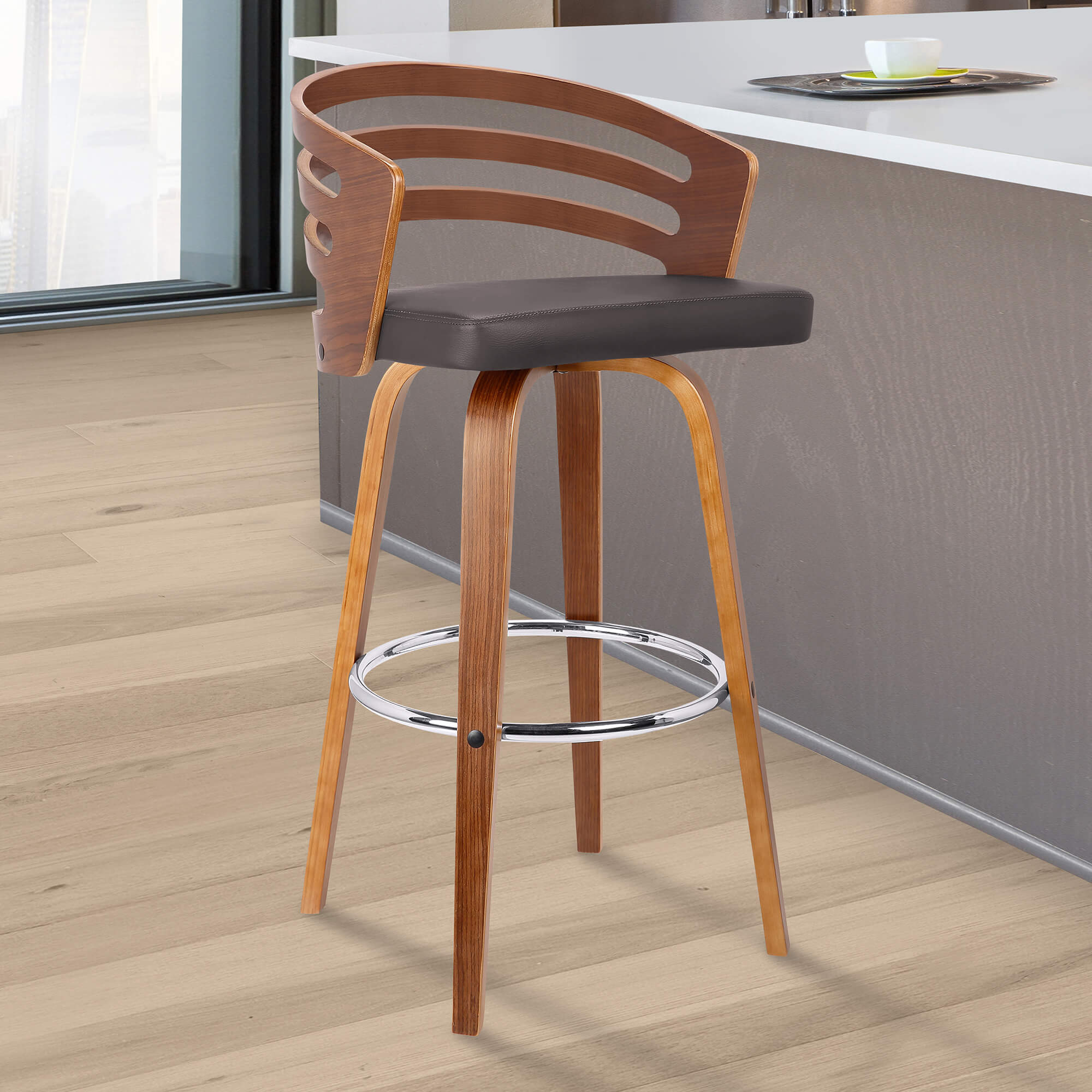 Jayden 30" Mid-Century Swivel Bar Height Barstool in Brown Faux Leather with Walnut Veneer