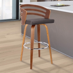 Jayden 30" Mid-Century Swivel Bar Height Barstool in Brown Faux Leather with Walnut Veneer