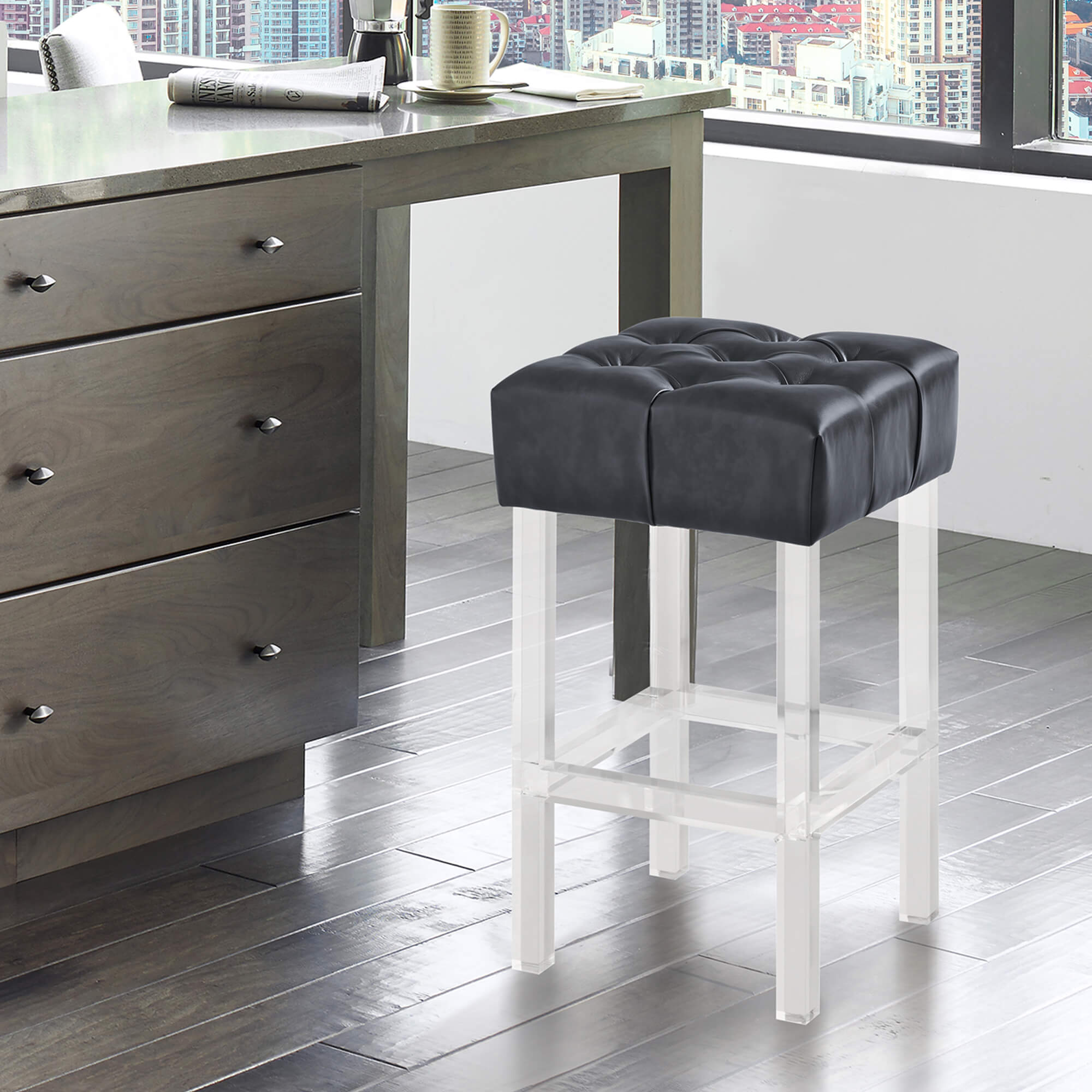 Kara Contemporary 26" Counter Height Barstool in Gray Faux Leather with Acrylic Legs