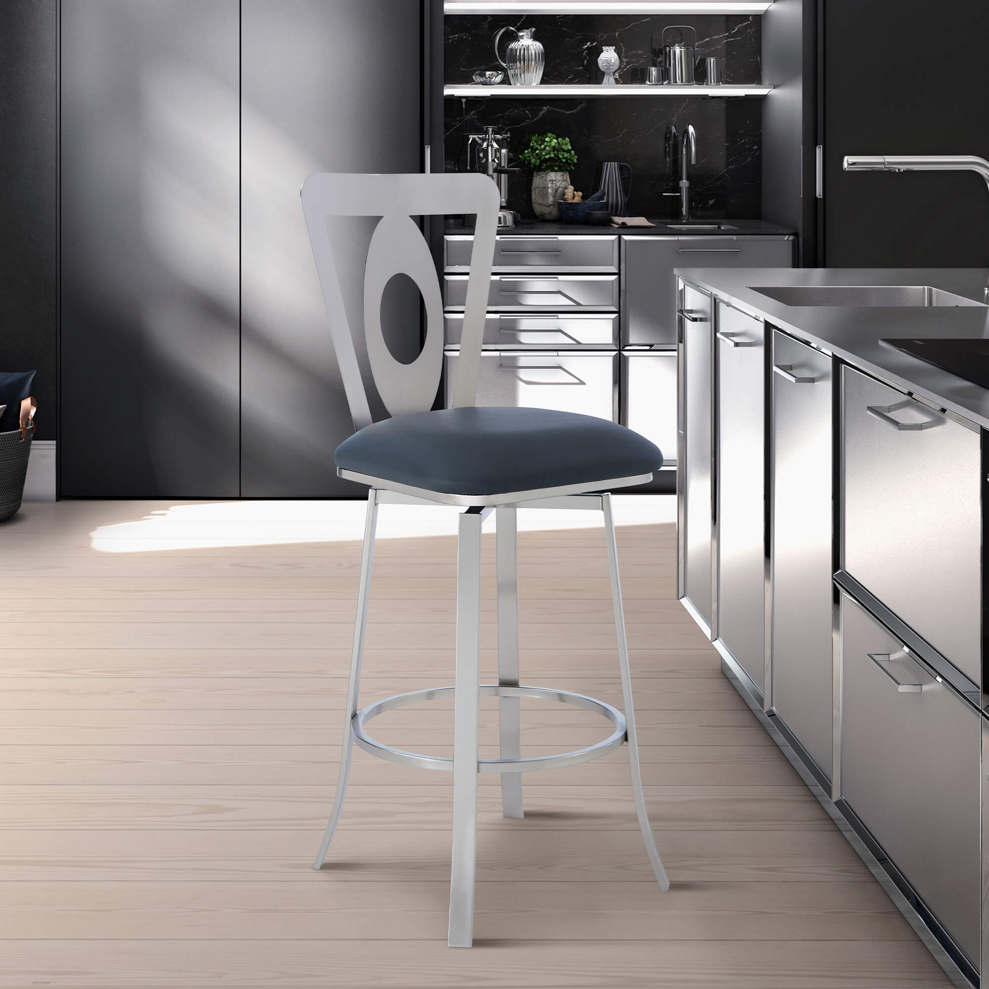 Lola Contemporary 26" Counter Height Barstool in Brushed Stainless Steel Finish and Gray Faux Leather