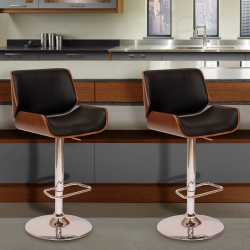 London Swivel Barstool In Black PU/ Walnut Veneer and Chrome Base