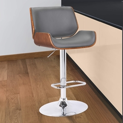 London Contemporary Swivel Barstool in Gray Faux Leather with Chrome and Walnut Wood