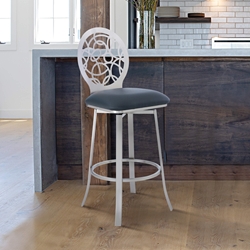 Lotus Contemporary 30" Bar Height Barstool in Brushed Stainless Steel Finish and Gray Faux Leather